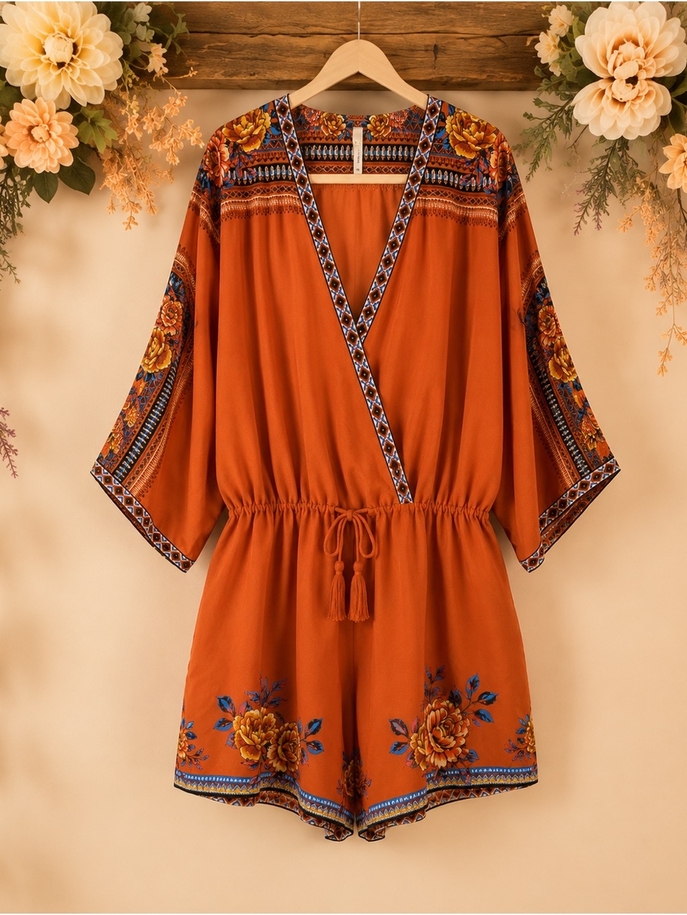 Boho Kimono Sleeved Romper